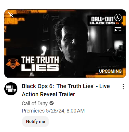 Tuesday 7 AM PST. Live Action Trailer for Black Ops 6!