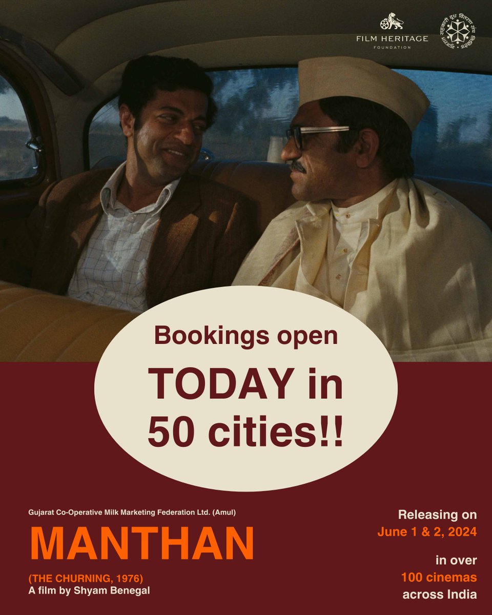 BOOKINGS OPEN TODAY! Don't miss the opportunity to watch the India premiere of FHF's restoration of Shyam Benegal's landmark film 'Manthan' (1976) produced by 500,000 farmers on the big screen! Stay tuned to know more about the booking process.