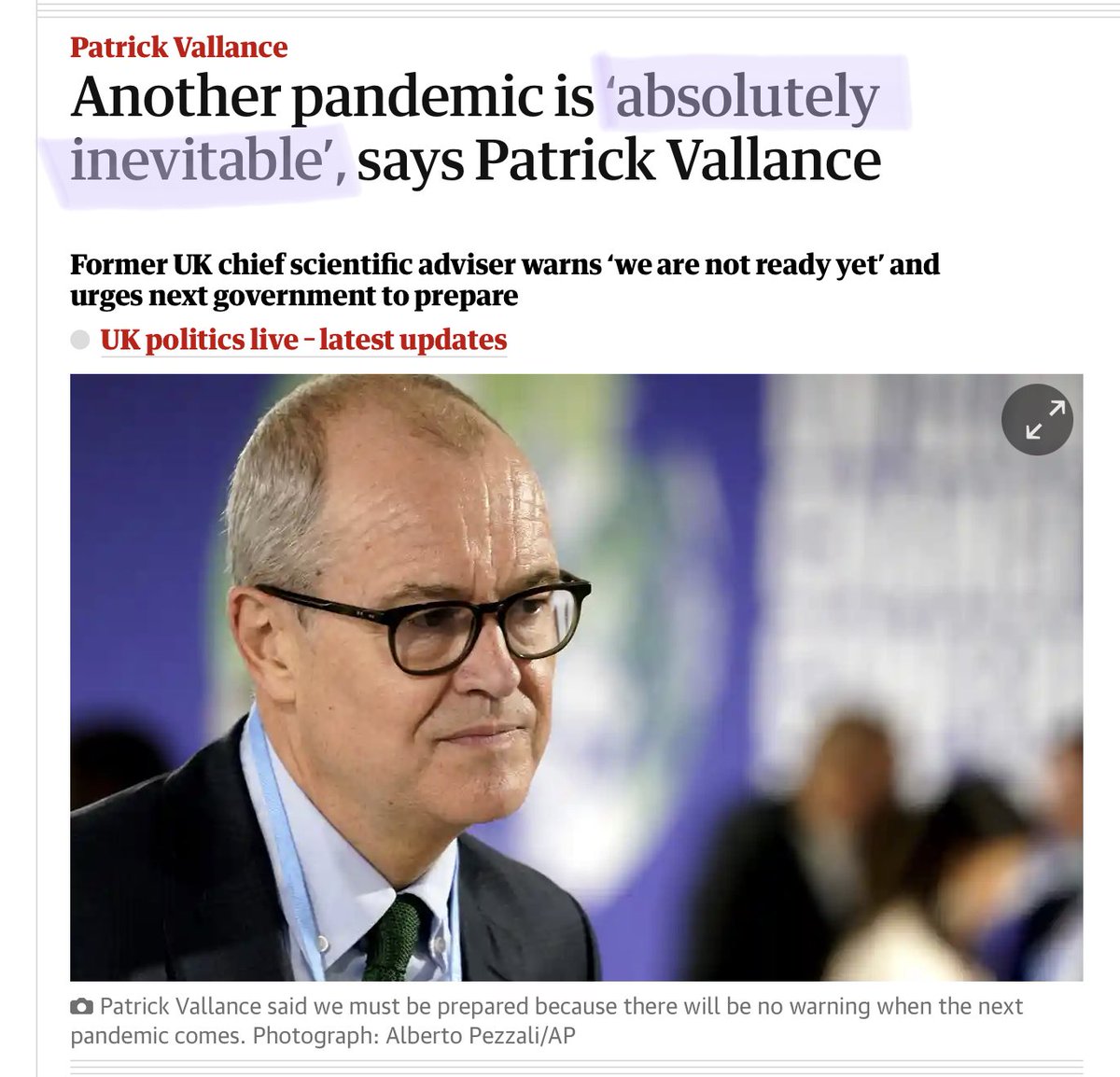 Another pandemic ‘absolutely inevitable?’ Patrick Vallance surfacing again with dire predictions. 😡 We’ll soon be seeing Van, Chris Whitty, and last but not least, I expect the piece de resistance of MATT HANCOCK! theguardian.com/uk-news/articl…