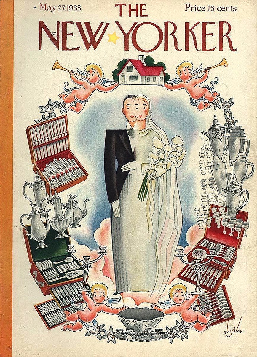 #OTD in 1933
(those essential gifts)
Cover of The New Yorker, May 27, 1933
Constantin Alajálov
#TheNewYorkerCover #ConstantinAlajálov #wedding #bride #groom #weddingpresents #silver