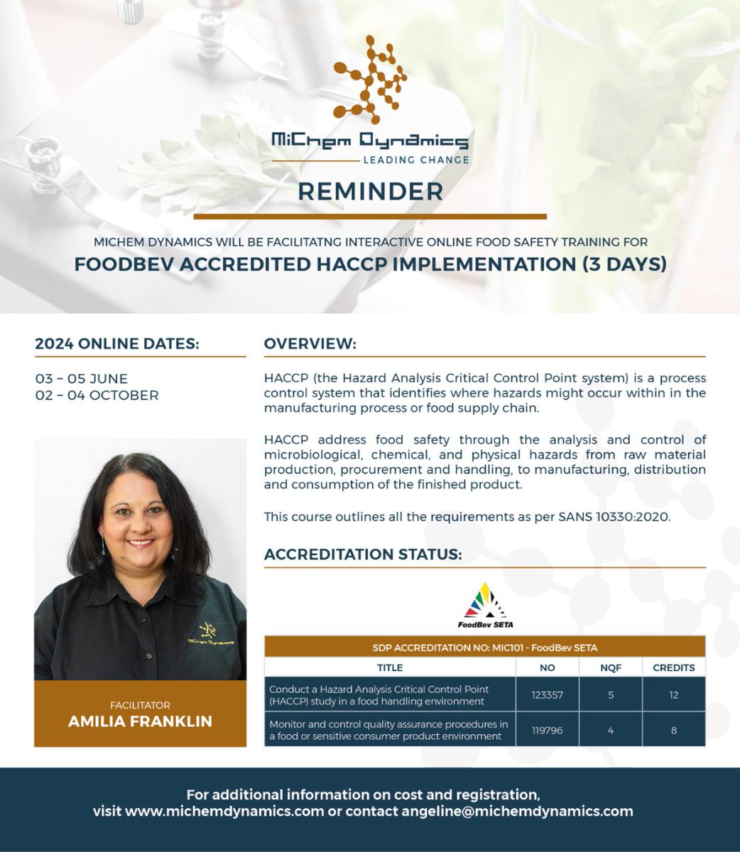 REMINDER - FOOD SAFETY TRAINING For information regarding course content, dates, cost & registration, visit michemdynamics.com/training/food-…  Contact angeline@michemdynamics.com / anna@michemdynamics.com for further info!  #creatingabetterfuture #fightinginequality #foodsafetyculture