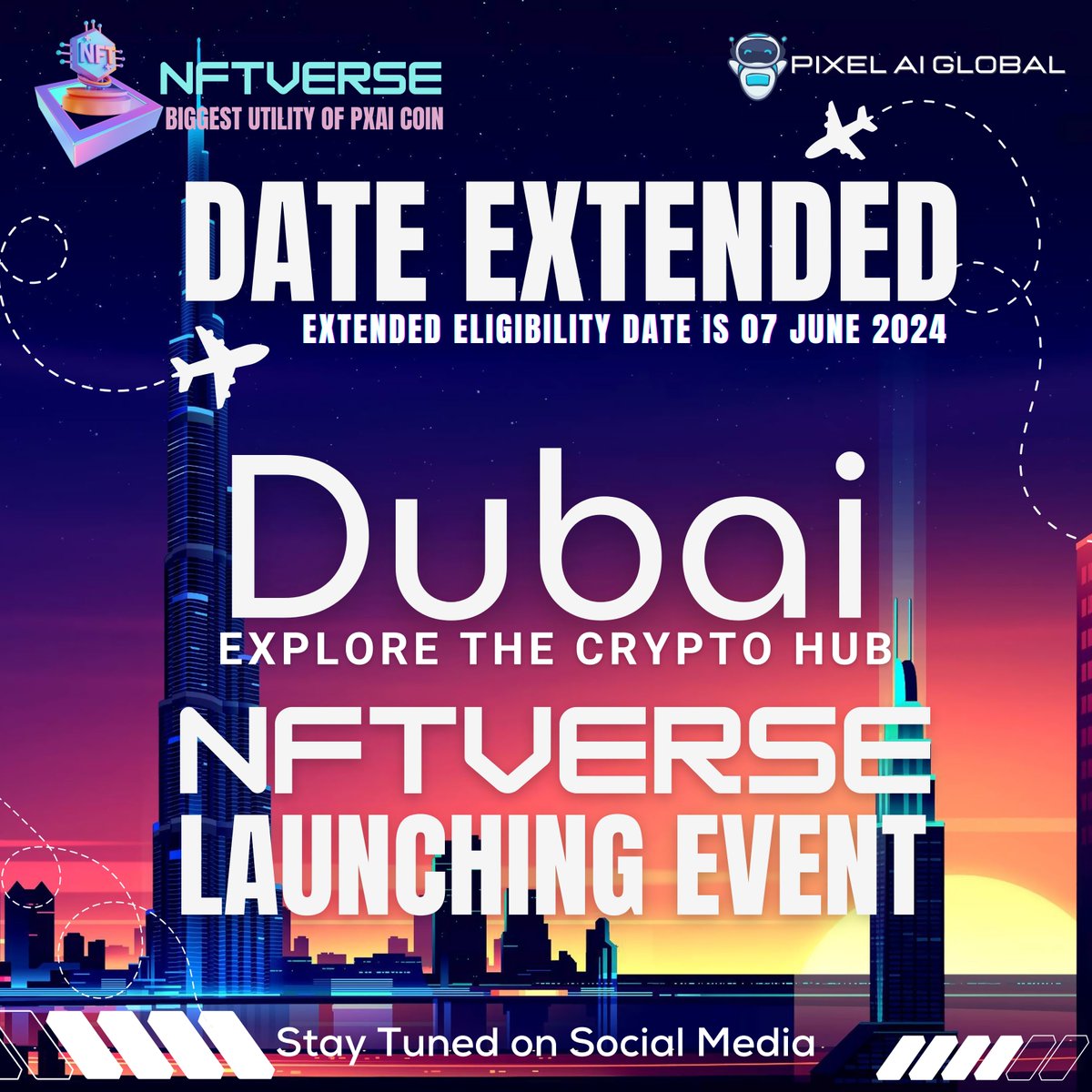 🌟 Great news !🌟
The deadline for qualifying for the Dubai tour has been extended to June 7, 2024.
You now have more time to prepare and secure your spot.
Don't miss out on this amazing opportunity with PixelAi Global! 🌍🤩
#Travel #DubaiTour #PixelAiGlobal #ExtendedDeadline