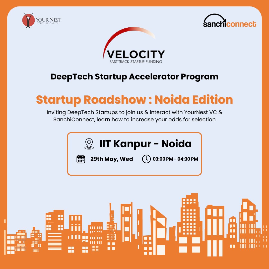 Taking the Velocity program on the road!

#Noida:
- @incubatorIITK : May 29th, 3 PM - 4:30 PM

#Bengaluru:
- @Nasscom: May 30th, 11:30 AM - 1 PM
- @iiscbangalore: May 30th, 4 PM - 5:30 PM

Register Now: forms.gle/abLDKHP4yqKjZN…

#DeepTech #Startups #Funding #Accelerator