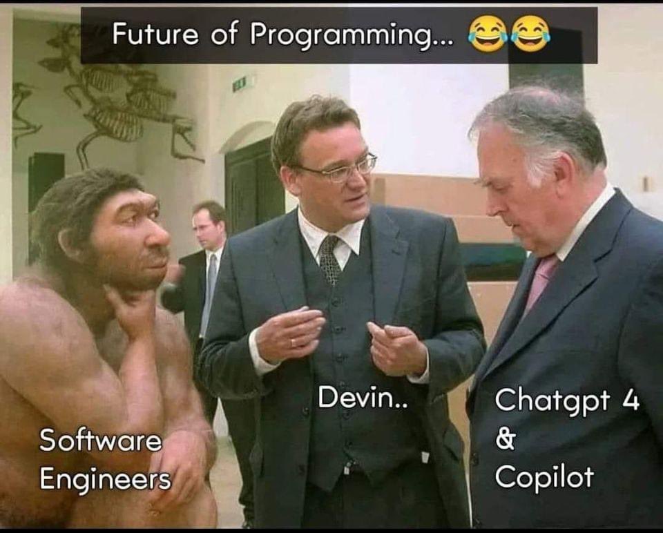 Looks like software engineers just got an upgrade… or a downgrade? 😂 Welcome to the era of ChatGPT 4 and Copilot #EvolutionOfTech #AI #Sarcasm #FutureOfProgramming #ChatGPT4 #Copilot #TechHumor #SoftwareEngineering #Innovation #ArtificialIntelligence #HumorInTech