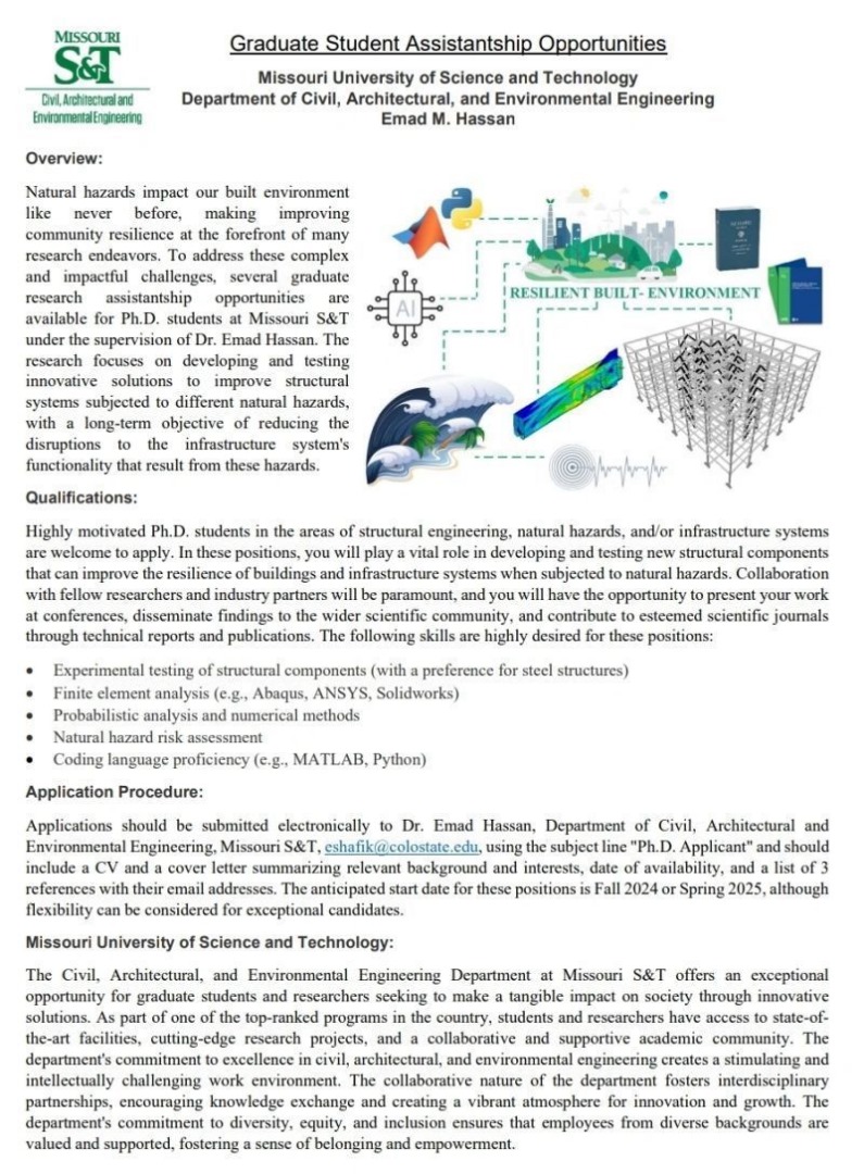 Pursue a Ph.D. at Missouri S&T & develop innovative solutions to improve structures against natural hazards. Fully Funded Assistantships Available! #FundingOpportunity #Echoesofinsight