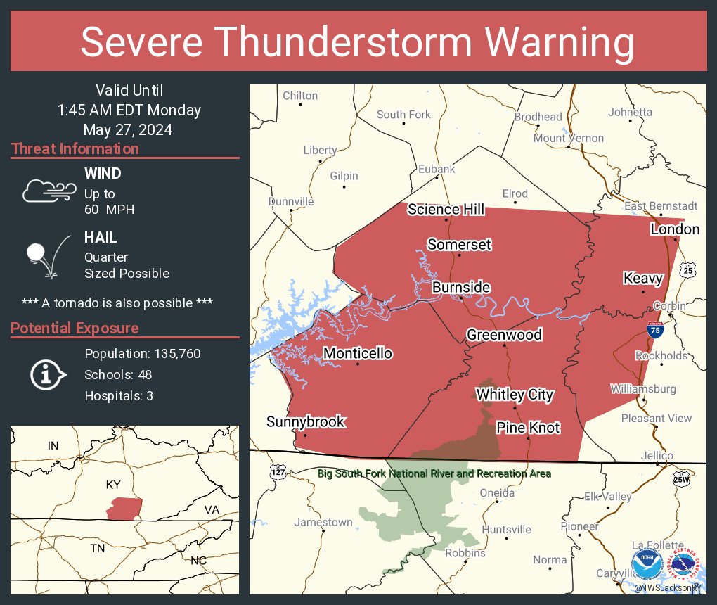 Severe Thunderstorm Warning including Somerset KY, London KY and Monticello KY until 1:45 AM EDT