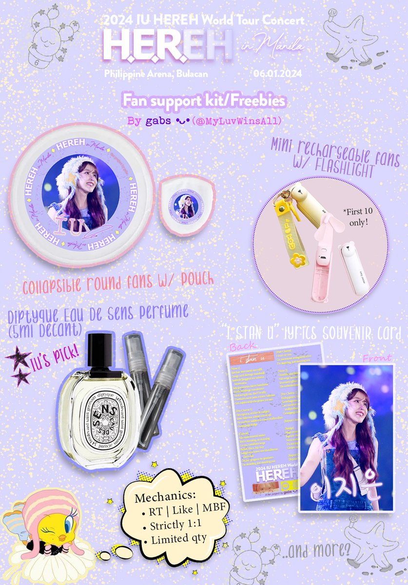 ✨️2024 IU HEREH WORLD TOUR CONCERT IN MANILA✨

𐙚 Fan giveaway project by @MyLuvWinsAll 𐙚

 ꕤ RT | Like | MBF
 ꕤ Location: TBA
 ꕤ Open for trades~

Let's go haul! 🐥 See you Maenas! 💜

#IU #아이유 #IUinManila
#IU_HEREH_WORLD_TOUR
#IU_HEREH_WORLD_TOUR_IN_MANILA