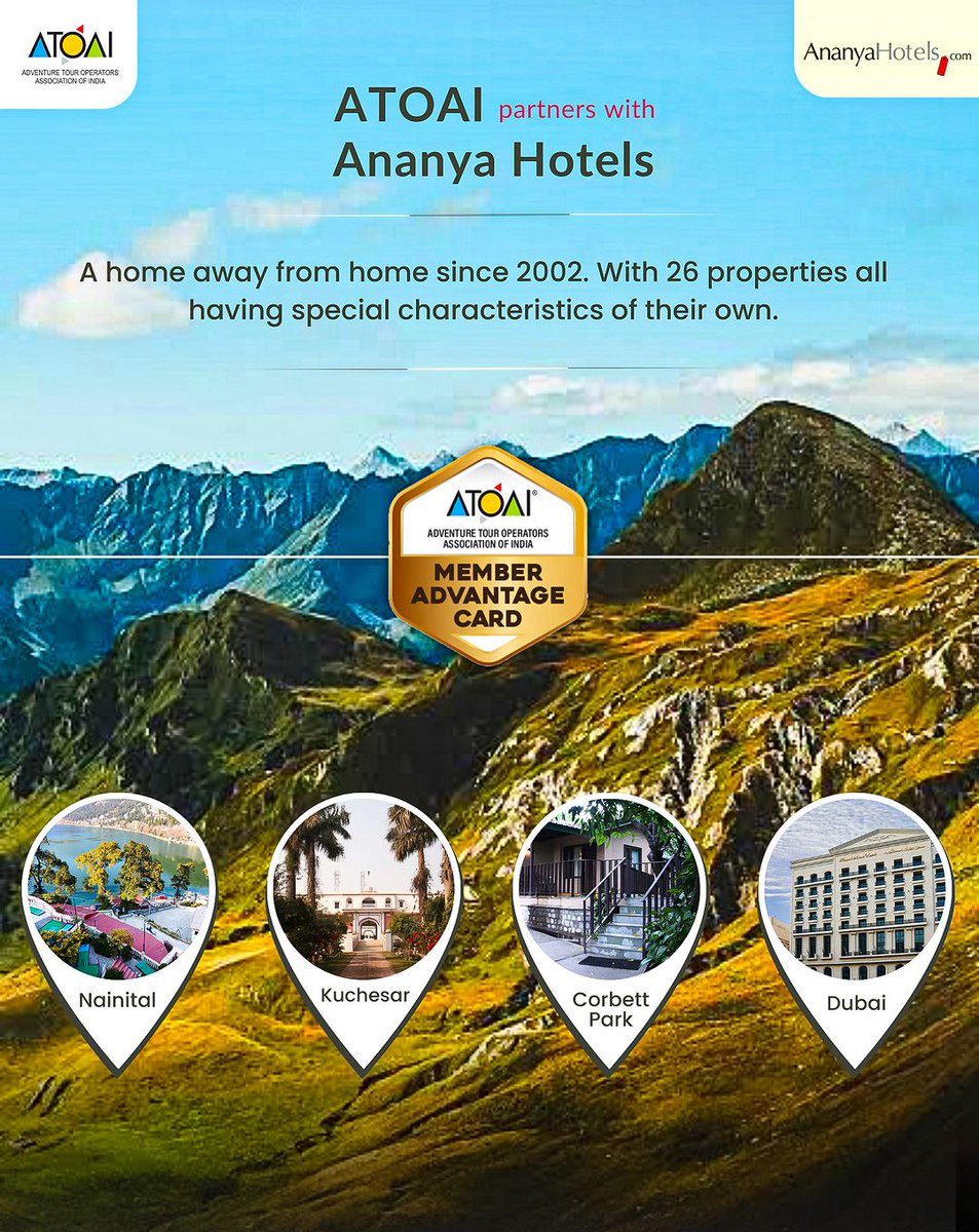 ATOAI is happy to welcome @AnanyaHotels to our #ATOAIMemberAdventageCard family! Ananya Hotels is into exclusive hotel marketing & representation since 2002. 

#ATOAIexplore #AnanyaHotels  #ATOAImembersadvantagecard #benefits #specialdeals #adventure #adventuretravel