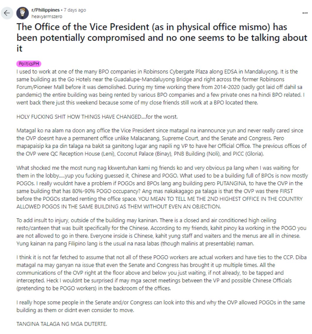 Ohh so accdg to this the OVP's office is located at Robinsons Cybergate Plaza, which now has a high occupancy of POGOs. Interestingly, the OVP was established there prior to the arrival of the POGOs.. 

.. POGOs cough CPC. 

👀