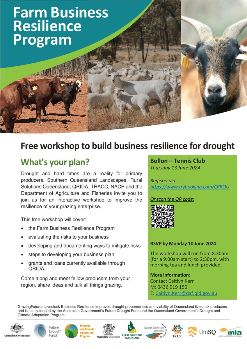 What's your plan?
Come along to this interactive workshop to improve the resilience of your grazing enterprise to drought 🌦️

Bollon, Thursday 13 June, 8.30am-2.30pm
Register here 👉 brnw.ch/21wKa81

@DAFQld @DAFFgov @SQLandscapes @QRIDAmedia @unisqaus