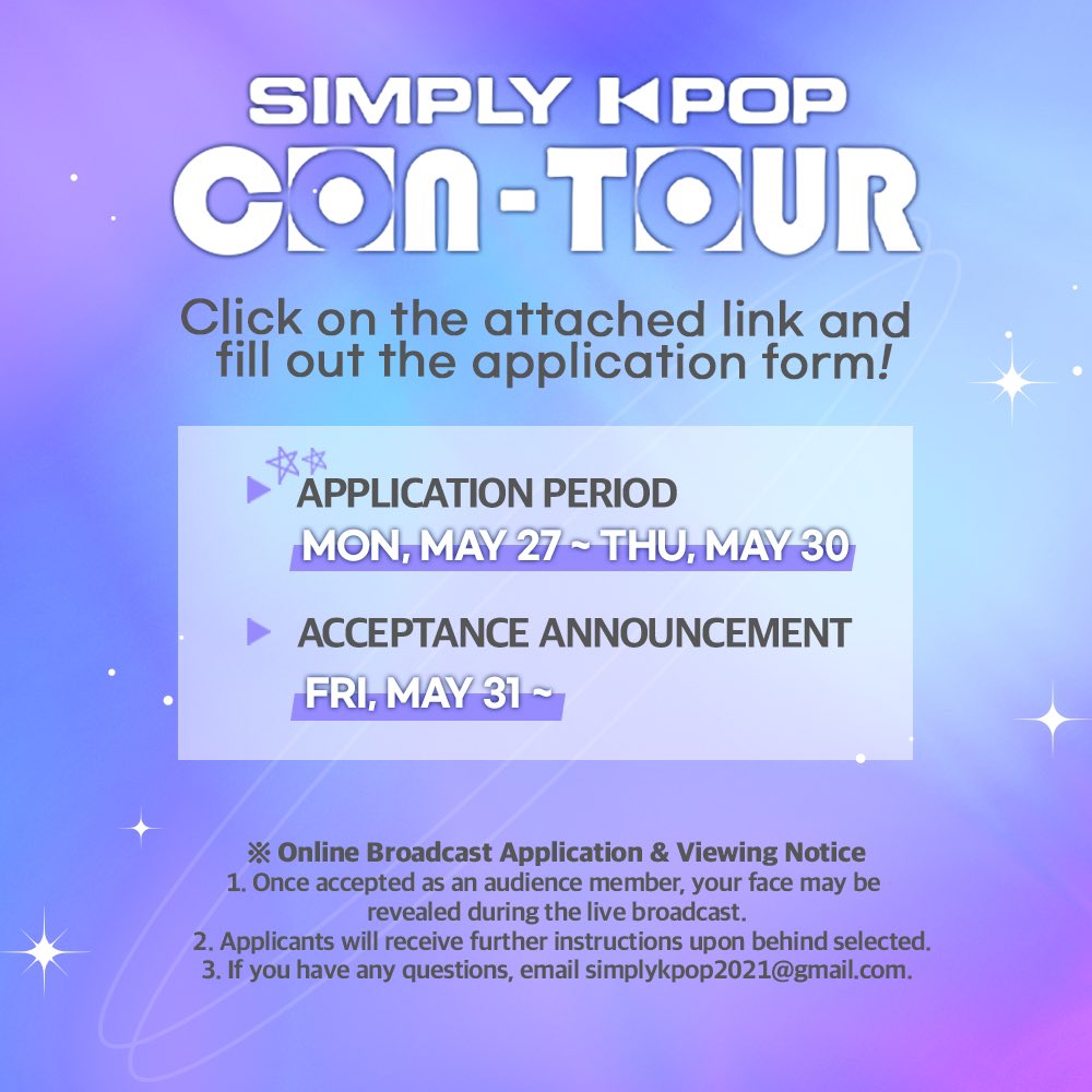 🌏SIMPLY K-POP CON-TOUR Online Audience Announcement🌏 Join us online with your favorite K-Pop stars by filling out the Online Audience application below! *This is to apply to be part of the ONLINE audience* forms.gle/WcfR31KHT4eoQj…