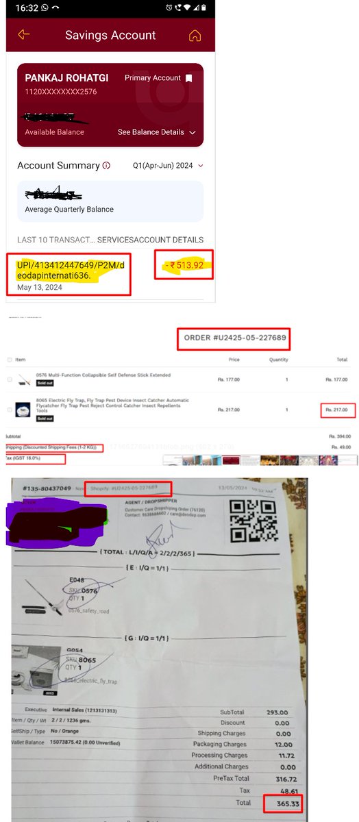 pankajrohatgi's tweet photo. @askGST_GOI, @jagograhakjago;@Deodap1 
Order ID : #U2425-05-227689 Beware everyone Non-functional item dispatched instead of replacement 30% refund amount is offered of the cost-price. Under invoicing for Rs.365.33 against Rs.513.92 charged - GST fraud and unfair trade practices. https://t.co/JqYtpj7hJq