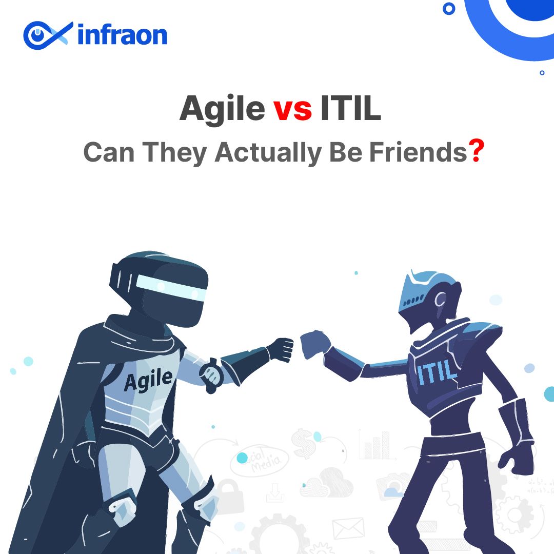 In the IT world, ITIL is known for its structured approach to SM.
While agile methodologies are all about flexibility and rapid development.
These two have been seen as rivals. But what if we told you they could actually be BFFs? 
Read the full blog : infraon.io/blog/itil-vs-a…