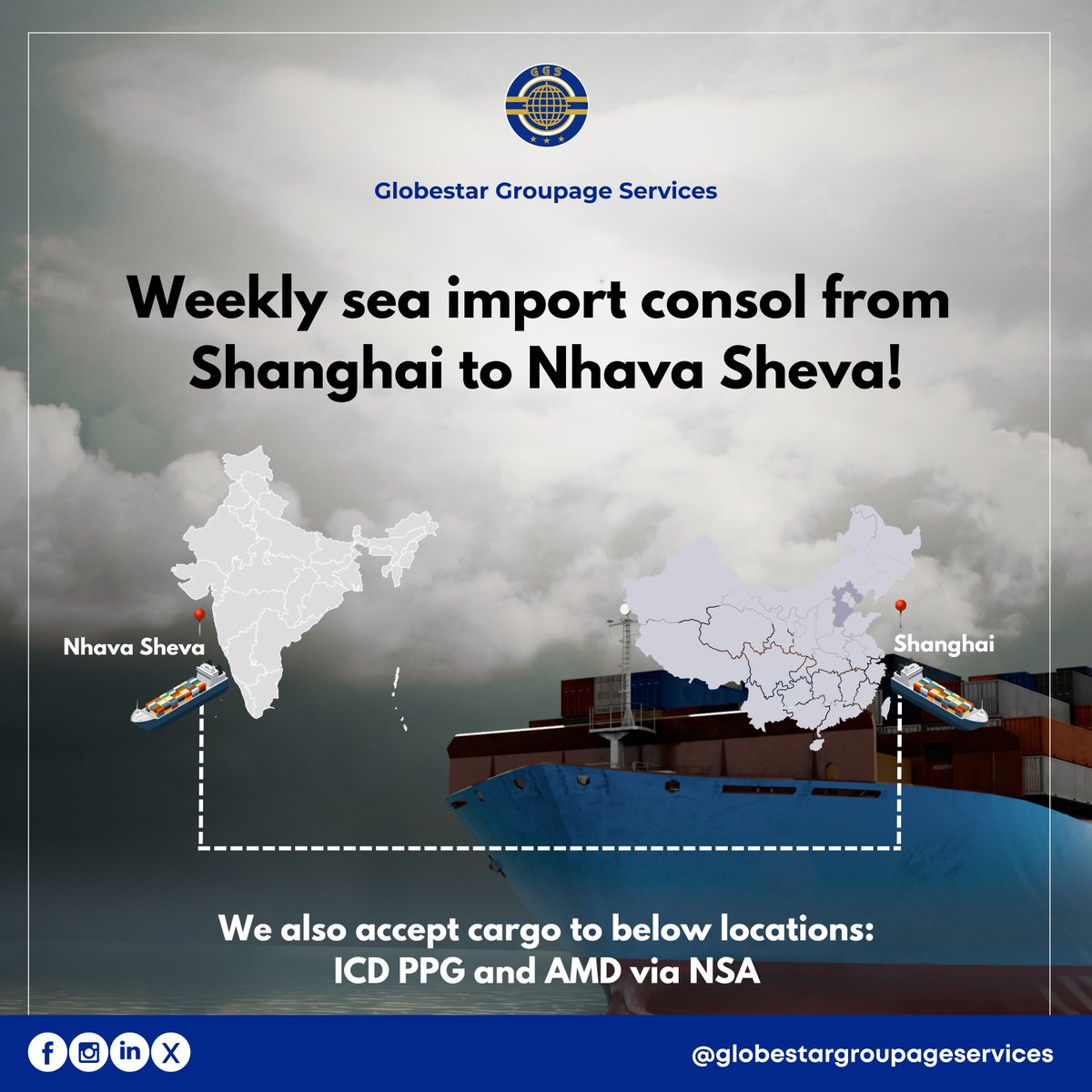 🌊 Weekly sea import consolidation from Shanghai to Nhava Sheva is here! 🚢 

Plus, we now accept cargo to ICD PPG and AMD via NSA. Efficient & reliable shipping solutions await! 📦 

#GGS #Shipping #Logistics #SupplyChain #FreightForwarding