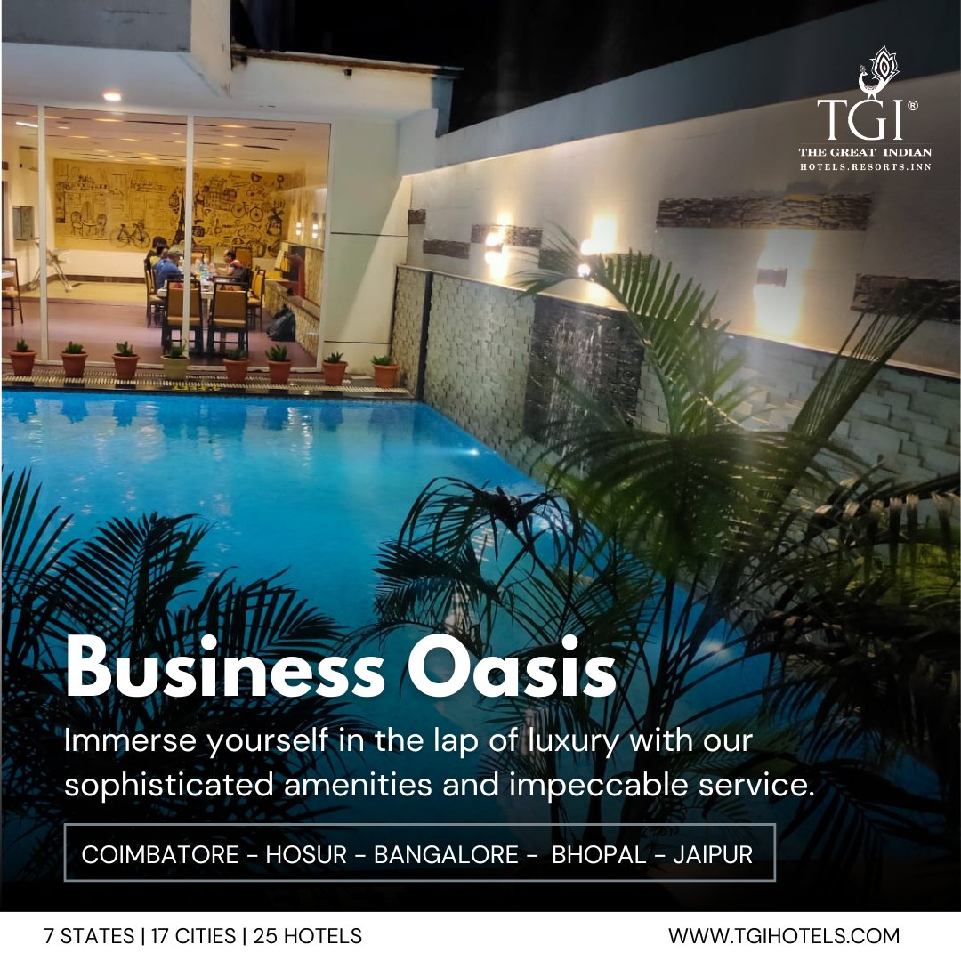 tgi_hotels's tweet photo. Discover a Business Oasis at our hotels in #Coimbatore #Hosur #Bangalore #Bhopal #Jaipur. Enjoy luxury, sophisticated amenities, and exceptional service.
#ExperienceTGI #BusinessTravel #LuxuryHotels #SophisticatedLiving #ImpeccableService #TravelInStyle #ExecutiveStay https://t.co/bWGmcx7Q3U