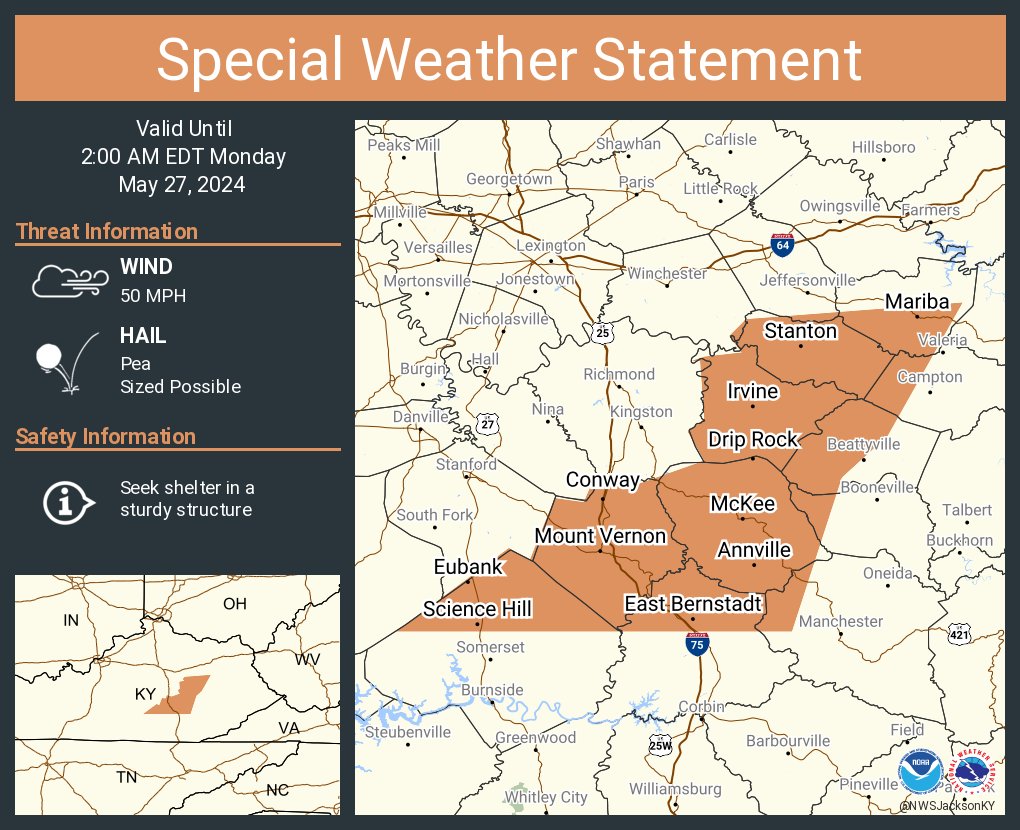 A special weather statement has been issued for Stanton KY, Irvine KY and Mount Vernon KY until 2:00 AM EDT