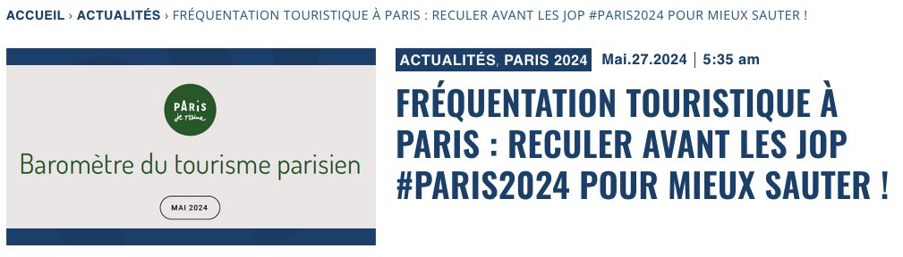 Fréquentation touristique à Paris : reculer avant les JOP #Paris2024 pour mieux sauter ! Selon baromètre du tourisme parisien du mois de mai 2024 @ParisJeTaime , la fréquentation touristique entre juin et le début des Jeux olympiques sera en recul par rapport aux années