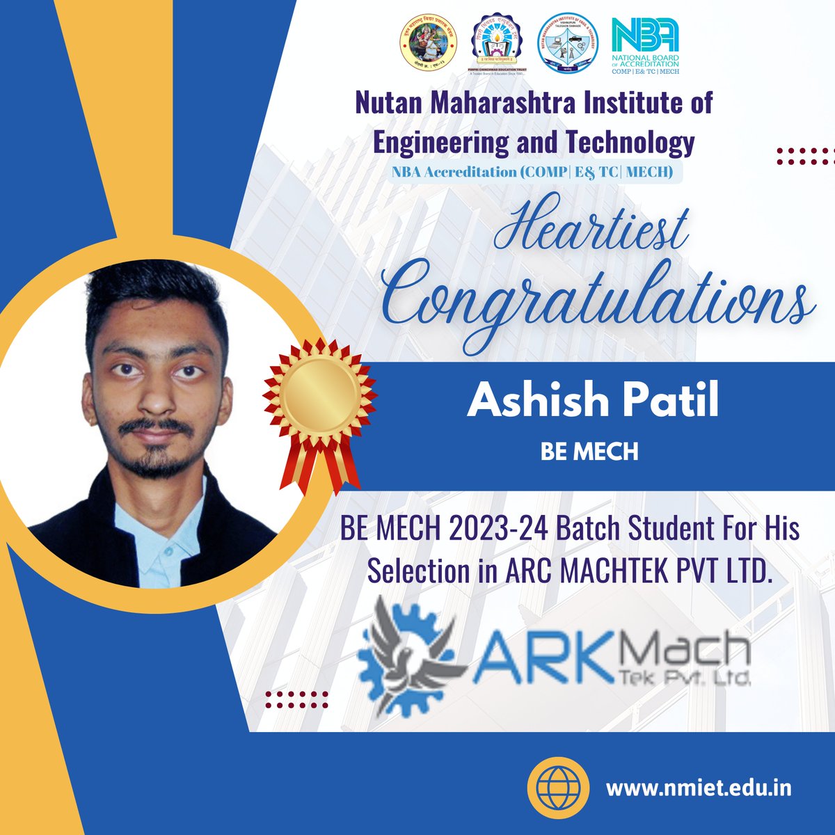 Congratulations to our BE Mech student, Mr. Ashish Patil for getting selected in Arc Machtek PVT. Ltd.🎓

#PCET #NMIET #ComputerEngineering #Computer #ArcMachtek #Students #Placements2024 #BestPlacementCollegeinPune #StudentAchievement #NMIETPlacements #Placement #PCETPlacement