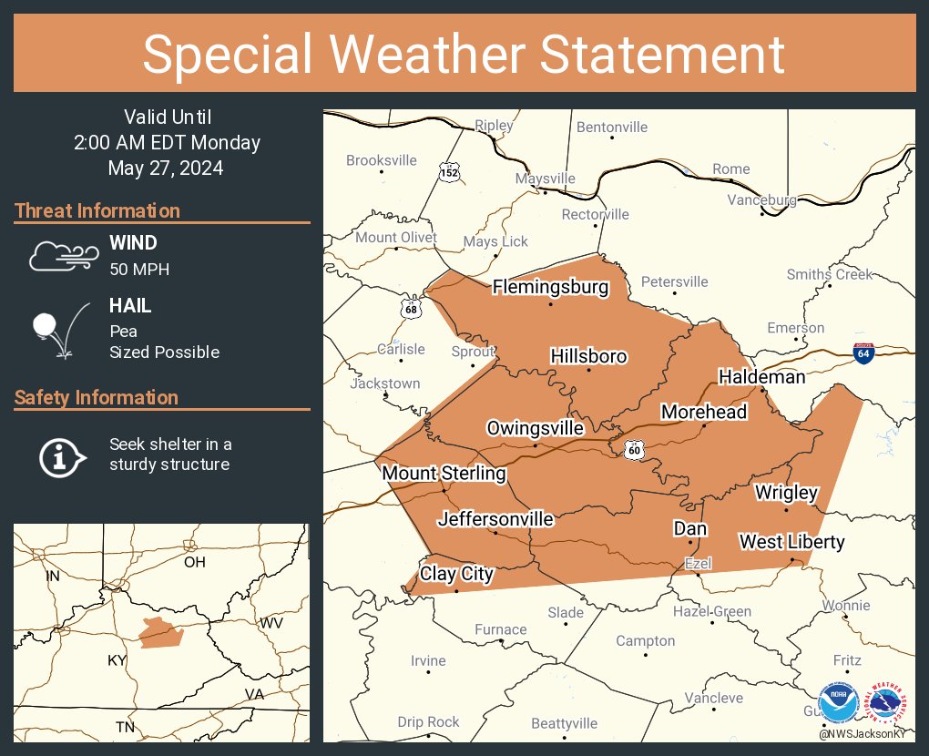 A special weather statement has been issued for Mount Sterling KY, Morehead KY and West Liberty KY until 2:00 AM EDT