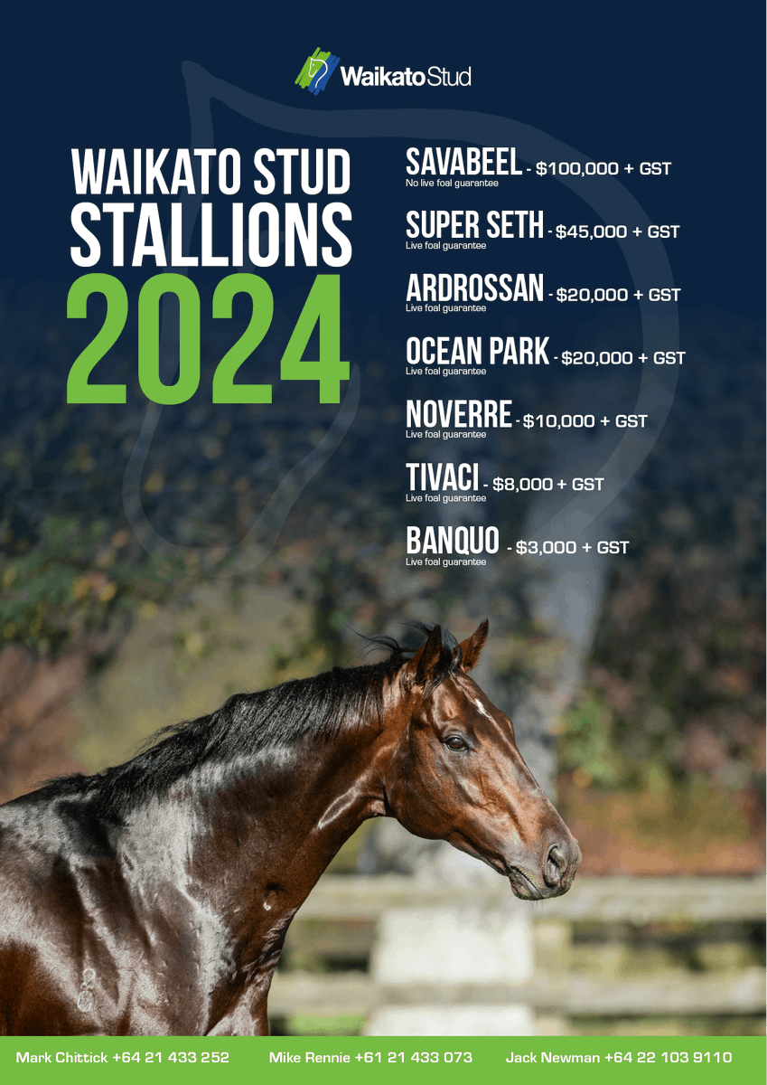 🇳🇿 @WaikatoStud Stallions 2024 🇳🇿 Savabeel - $100,000 +GST 👑 Super Seth - $45,000 + GST 🦹 Ardrossan - $20,000 + GST ⭐️ Ocean Park - $20,000 + GST ✅ Noverre - $10,000 +GST 🌠 Tivaci - $8,000 + GST 💪 Banquo - $3,000 + GST 💨