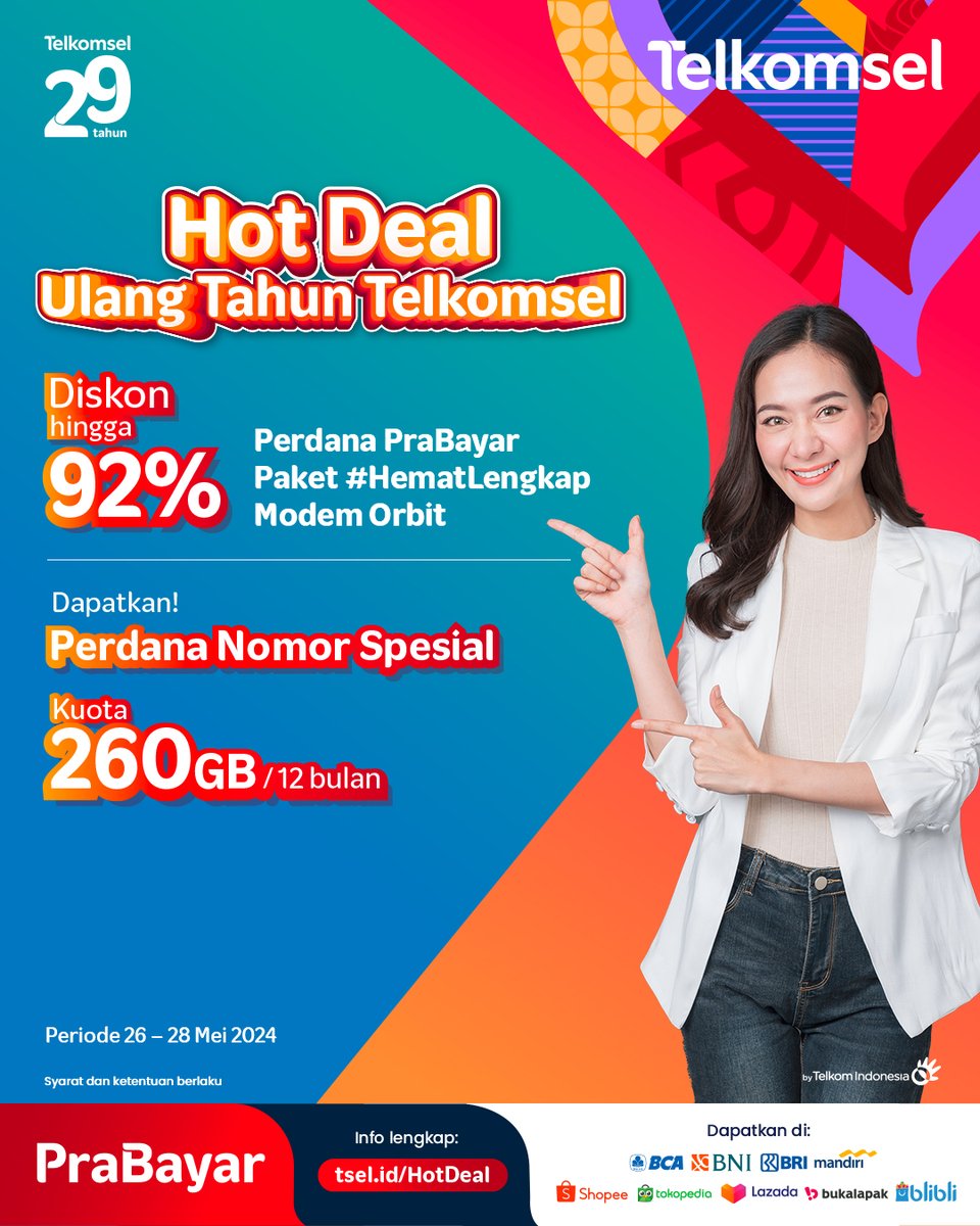 Serbu Hot Deal Ulang Tahun Telkomsel ke-29 🥳 🎉 Diskon hingga 92% untuk pembelian Perdana PraBayar, Paket #HematLengkap dan Orbit 🎉 Perdana Nomor Spesial dengan kuota 260GB untuk 12 bulan dengan masa aktif hingga 36 bulan Info: tsel.id/HotDeal