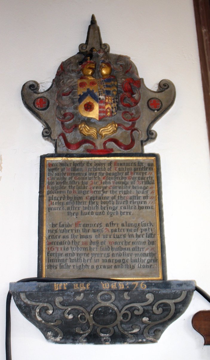 Church of St. Mary Magdalene, Taunton, Somerset. Wall tablet to Frances Lechland, d.1631. Exuberant heraldry, the shelf below marbled with painted strapwork. Photo: 27.07.2019. #Taunton #Somerset #monument #memorial #WallTablet #FrancesLechland @Portaspeciosa
