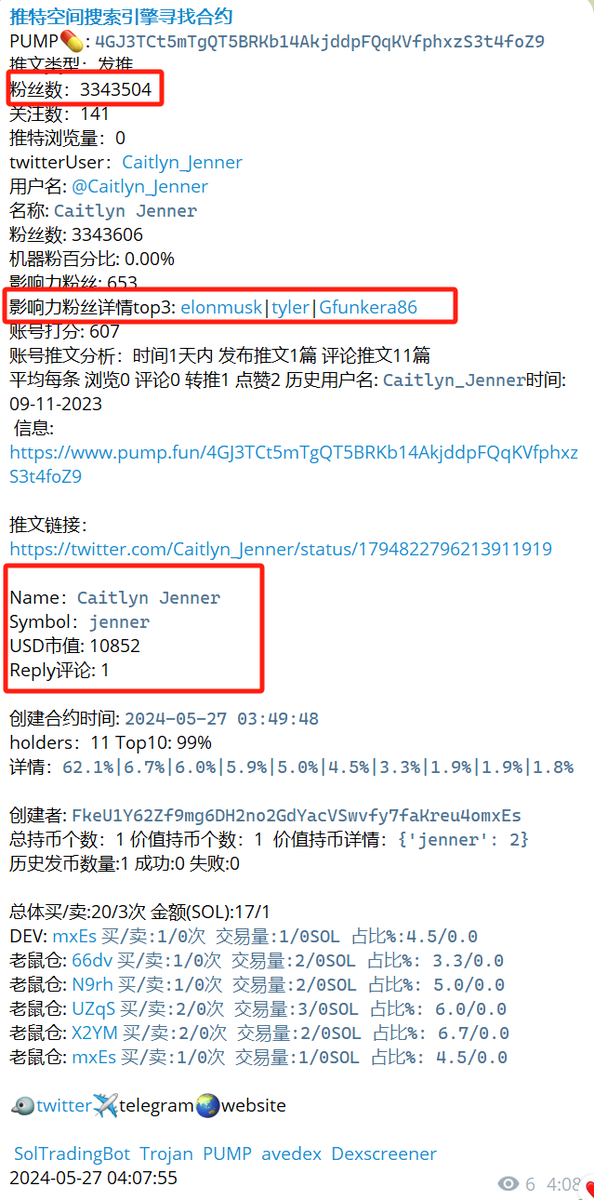 玩pump推特引擎实时检测的好处，可惜在睡觉，阴间时间出现，百万大V带货，必将第一时间检测出来。而且老马关注加持都是fomo点。

Name：Caitlyn Jenner
Symbol： $jenner
USD市值: 10852   最高市值22M