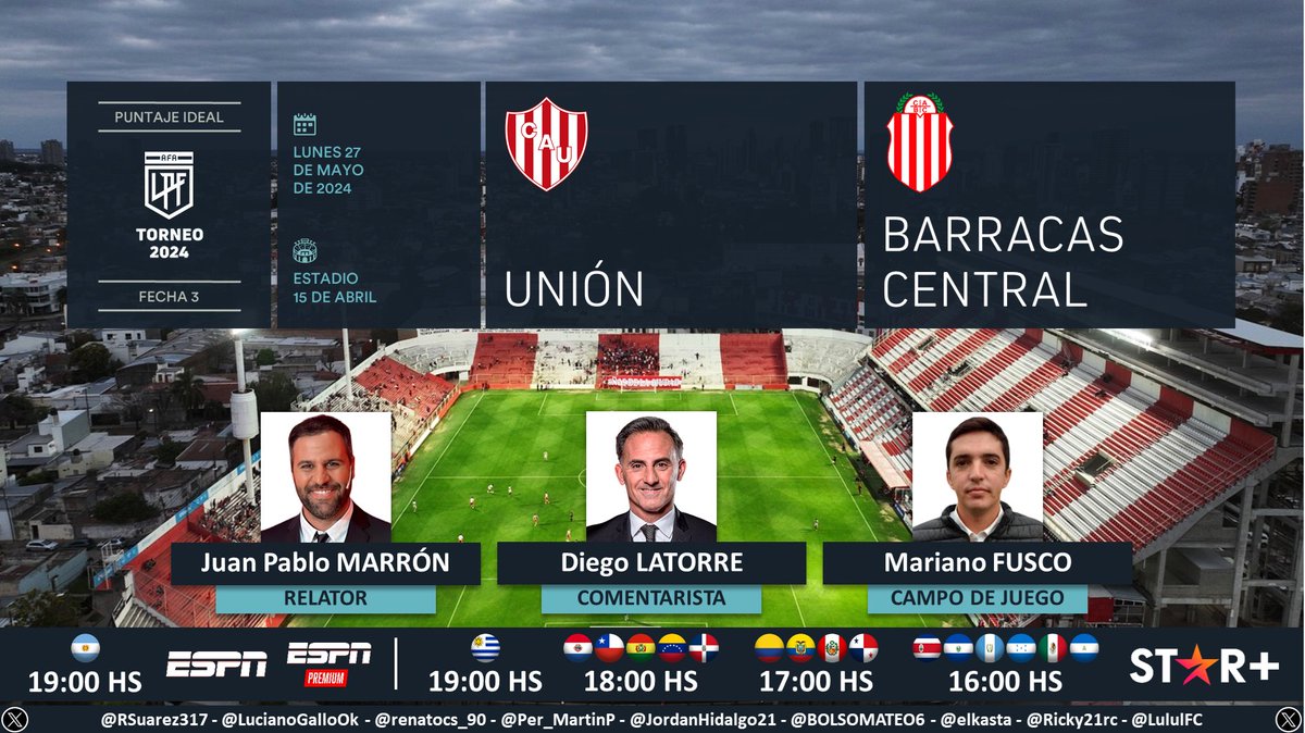 ⚽ #TorneoLPF 🇦🇷 | #Unión vs. #BarracasCentral 🎙 Relator: @JuanPabloMarron 🎙 Comentarista: @dflatorre 🎙 Campo de juego: @MarianoFusco2 📺 #ESPNPremium - #ESPN 🇦🇷 💻📱 @StarPlusLA Latam (❌🇦🇷) 🤳 #LPFxESPN - #ESPNenStarPlus Dale RT 🔃