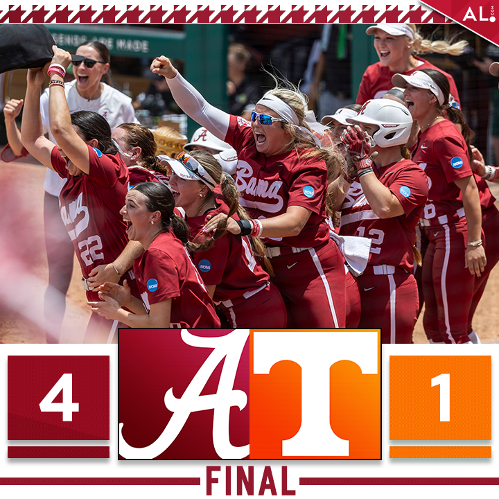 Alabama softball defeats Tennessee 4-1 in game 3 of the NCAA Knoxville Super Regional and advances to the Women's College World Series! #RollTide