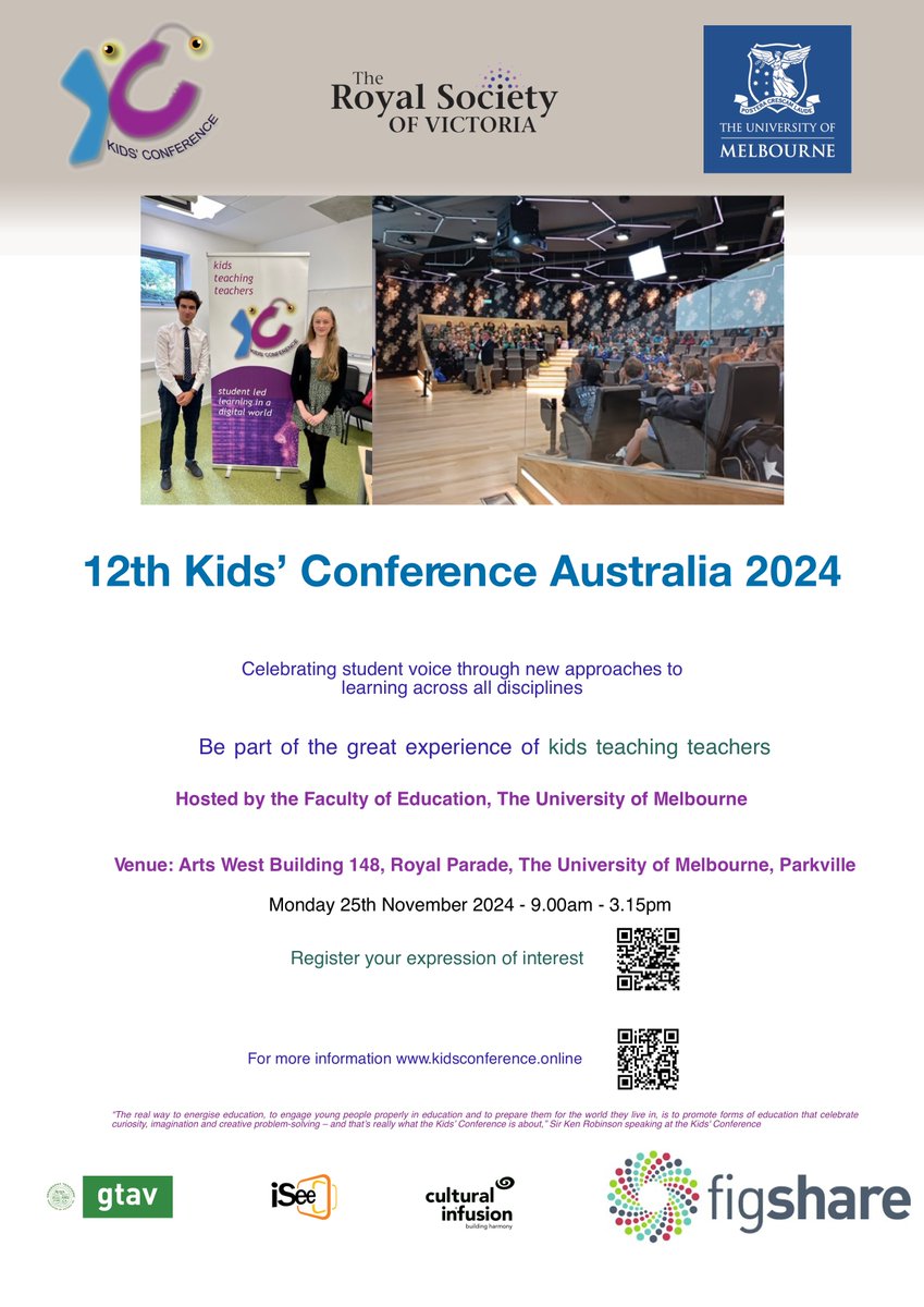 Got a great Humanities/Arts project to share at the 12th Kids' Conference Australia 2024 on 25th Nov ? Hosted by the Faculty of Education, The University of Melbourne - teachers can register their students expressions of interest here shorturl.at/71wns 
@EduMelb @UniMelb