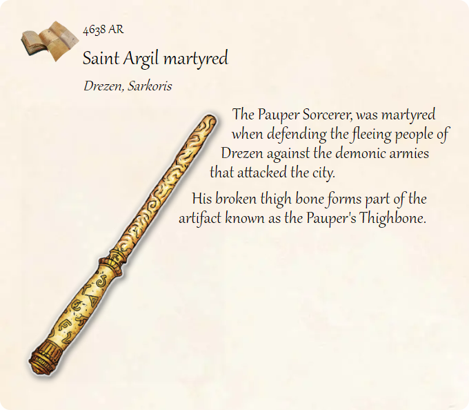 GolarionToday's tweet photo. 4638 AR: Saint Argil martyred
#Argil #Drezen #Sarkoris #4638AR
https://t.co/k1XNkEL2VV
The Pauper Sorcerer, was martyred when defending the fleeing people of Drezen against the demonic armies that attacked the city. https://t.co/trWjuPfpeI