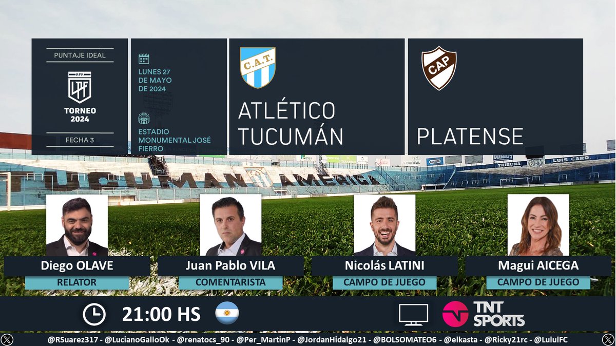 ⚽ #TorneoLPF 🇦🇷 | #AtléticoTucumán vs. #Platense 🎙 Relator: @olavegol 🎙 Comentarista: @juanpvila 🎙 Campo de juego: @nico_latini y @MaguiAicega 📺 @TNTSportsAR 🇦🇷 💻📱 Estadio TNT Sports 🇦🇷 🤳 #LPFxTNTSports Dale RT 🔃