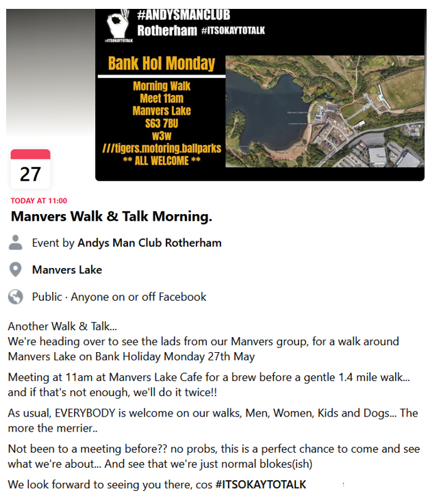 Stag_RosePPG's tweet photo. #mondaymotivation walk and talk morning with @andysmanclubuk Rotherham @TeamManvers Lake & Dearne Valley Trust
11am - ALL welcome
Everybody welcome #ITSOKAYTOTALK #walkandtalk #sheffield #rotherham #THATONEMAN #manvers #AndysManClubππΌ https://t.co/9zzcTQI9Qi