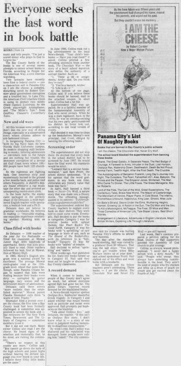 May 26, 1987: The Miami Herald reports on the efforts of certain members of the Panama City, Florida religious community to ban books in their schools. '...a campaign to purge Bay County classrooms of all books with dirty words or unhappy messages.' Sound familiar?