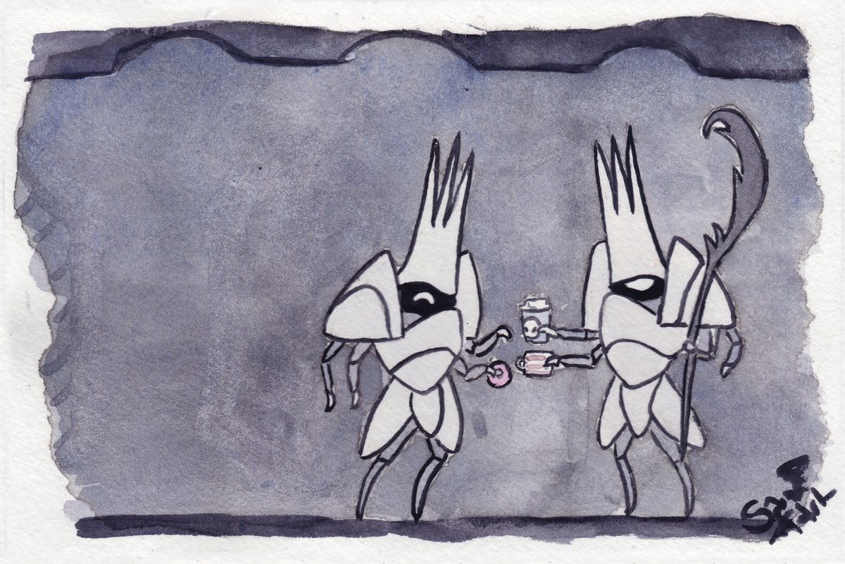 it’s day 26 of #HKAM24 and these kingsmould colleagues are just sharing a nice coffee and doughnut moment while waiting and waiting and waiting for somebody to fight. i have a feeling they may be waiting a while, but at least they enjoy each other’s company.

#hollowknight