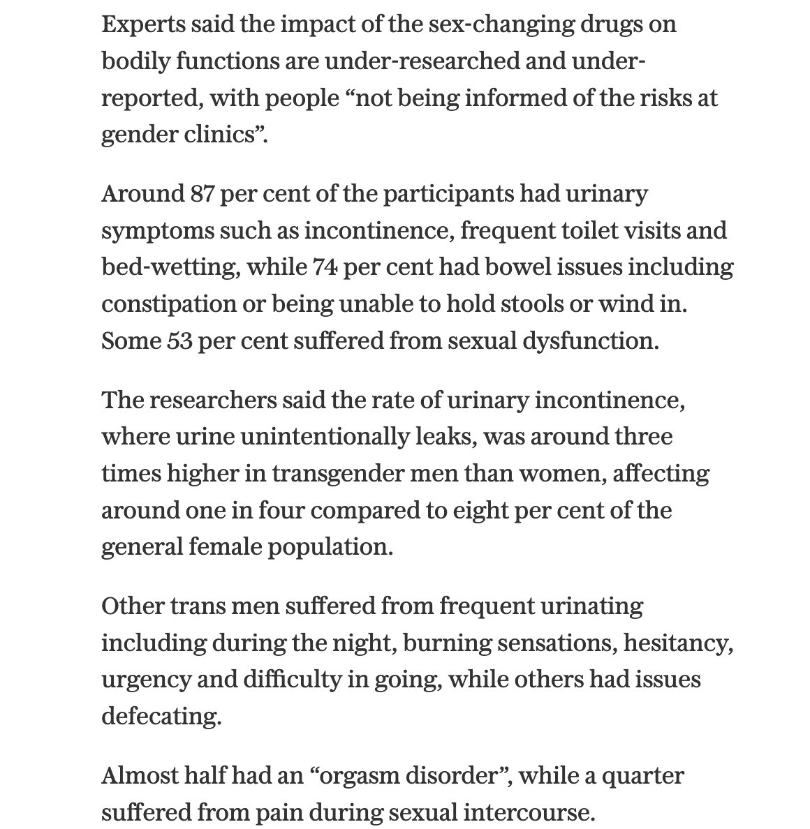 Hormone treatment for women identifying as 'trans' is sending them into early menopause. Like in their 20s. Not only can they not enjoy sex or have orgasms, but their bodies/bodily functions are completely f**ked. These drugs are ruining people's lives, not saving them. Giving