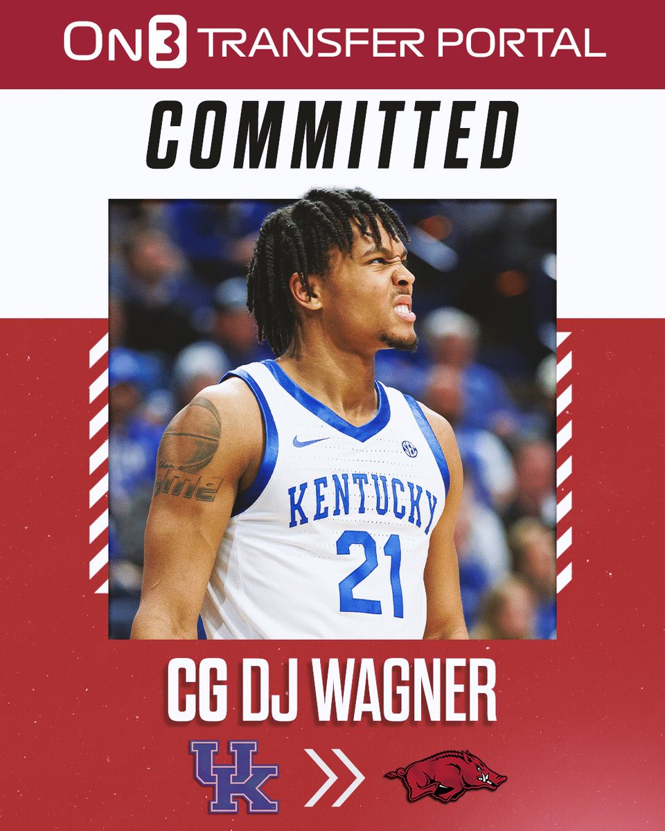 BREAKING: Kentucky transfer guard DJ Wagner has committed to Arkansas, per @ArRecruitingGuy Wagner is a former five-star plus+ recruit from the 2023 class. Read: on3.com/college/arkans…