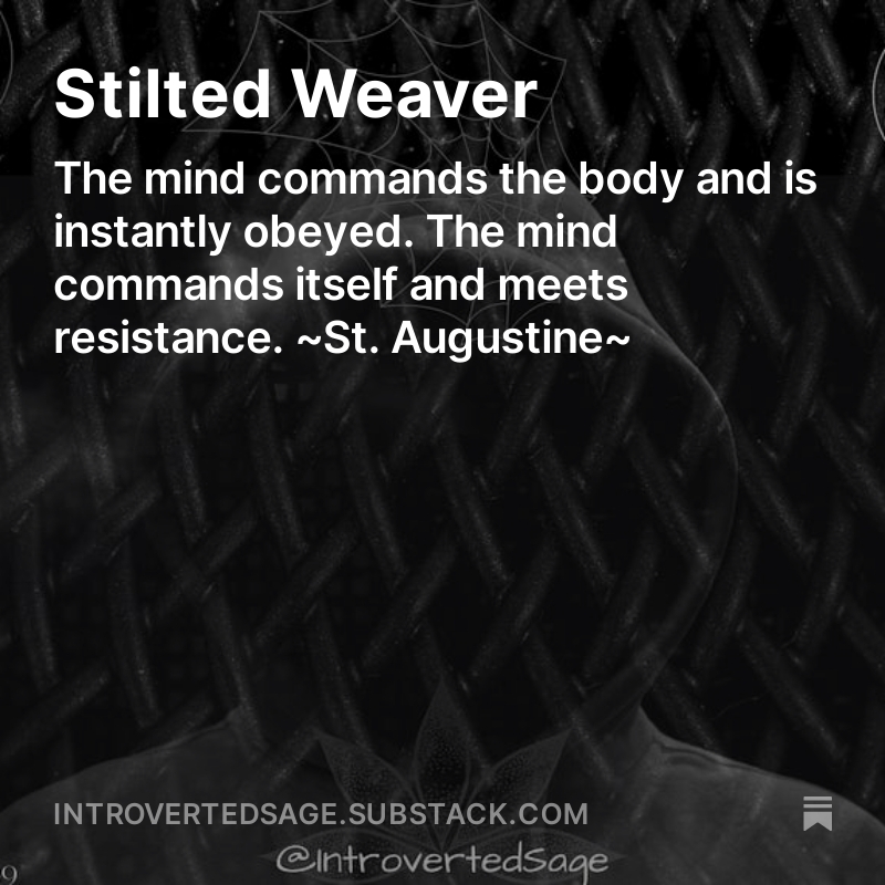 1ntrovertedSage's tweet photo. ▪️Stilted Weaver▪️
Read the poem and post here: ⬇️⬇️
https://t.co/IqGpp1zW3Y
#Substack
#StiltedWeaver
#FromtheMindofanIntrovert
#IntsaAllegories
#poetry
#writing
#creativewriting
#blogging
#poem
#introvert
#judgement
#StAugustinequotes https://t.co/jI7taV1Rxo