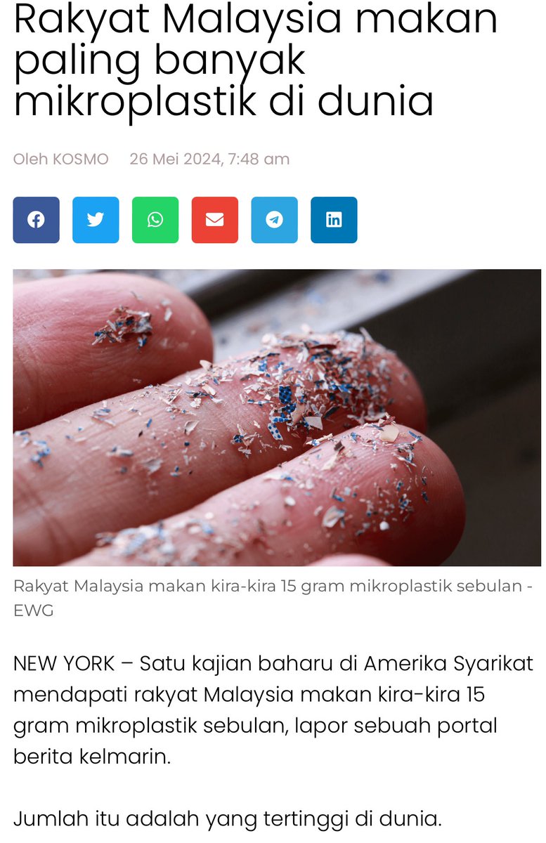 Kajian menganggarkan, rakyat Malaysia adalah mengandungi mikroplastik (MP) paling tinggi di dunia. Ini melalui anggaran kandungan MP di udara dan makanan kita.
Sumber di untaian kedua.