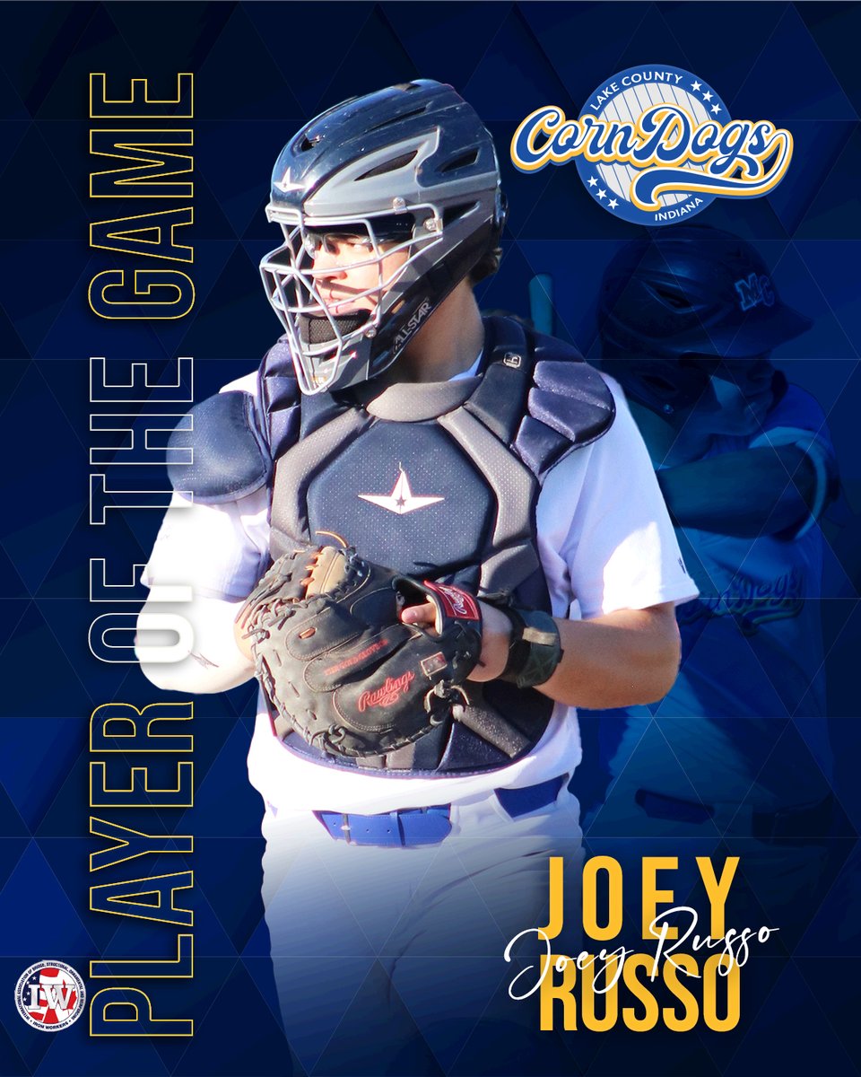lakecocorndogs's tweet photo. Your Iron Workers Local 395 PLAYER OF THE GAME for 5/25 is JOEY RUSSO!
With a stat line of 2 for 4, 1 run, 2 RBIs, 1 HR, 1 BB - Russo brought the mustard!!
#joeyrusso @iwlocal395 #lakecountycorndogs https://t.co/3f0muNw59e