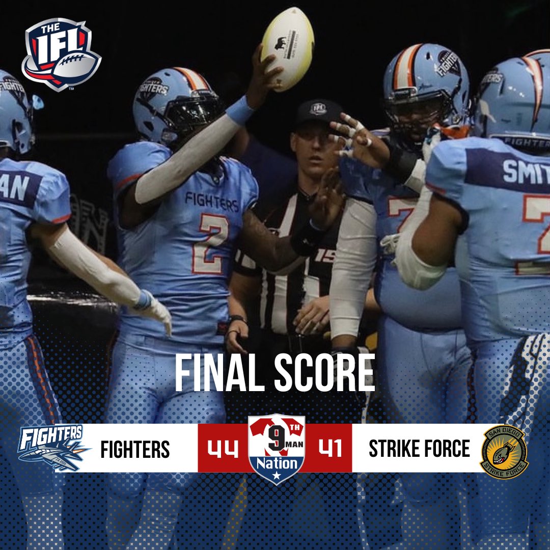 9thManNation's tweet photo. Sun, May 26, 2024

@IndoorFL - The @FriscoFighters flew west to battle the @sdstrikeforce for a wk 11 match.

Box Score:
Team                1    2    3    4     F
Fighters          14  13   0   17   44
Strike Force     0  13   7   21   41
Arena: @PechangaArenaSD
Attendance: N/A https://t.co/yjMCEl378r