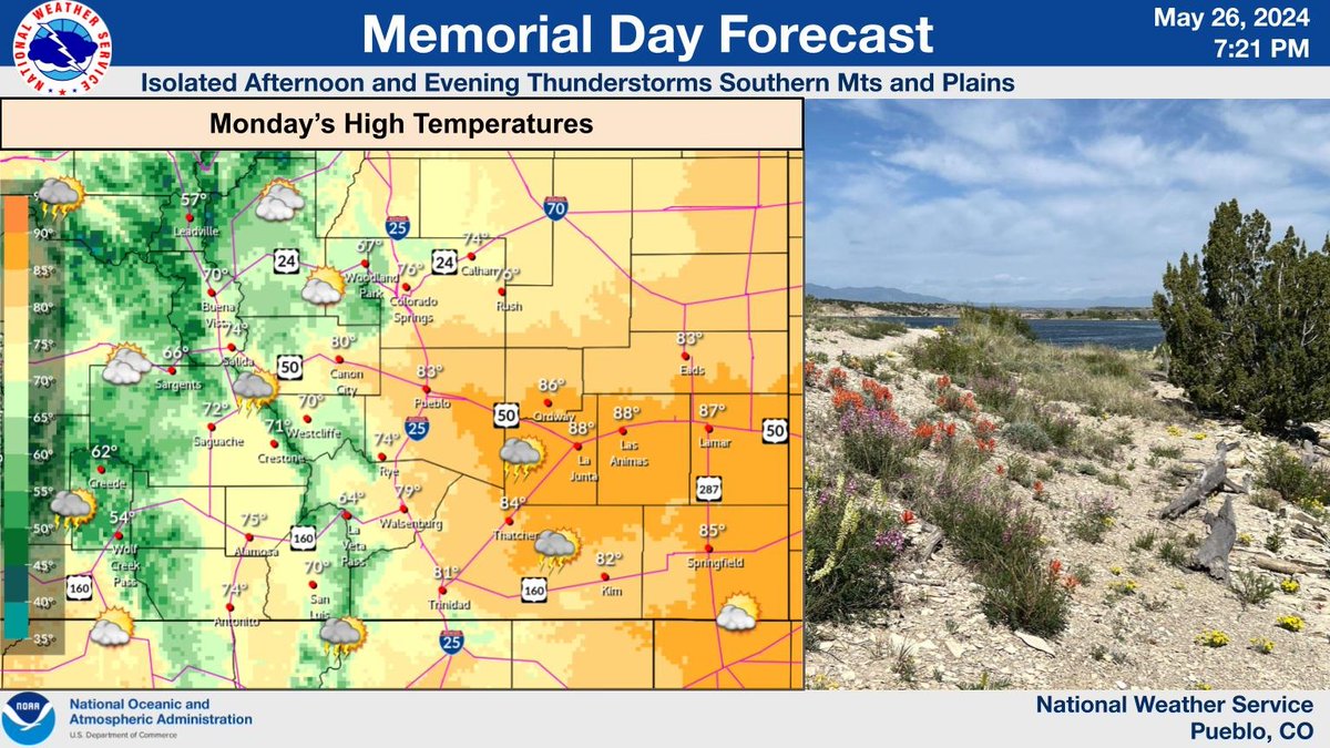 It will be warm with less wind on Memorial Day for southern CO. Isolated thunderstorms will be possible in the afternoon across the mountains which will drift east across the plains through the evening. Gusty winds and lightning along with brief light rain will be possible. #cowx