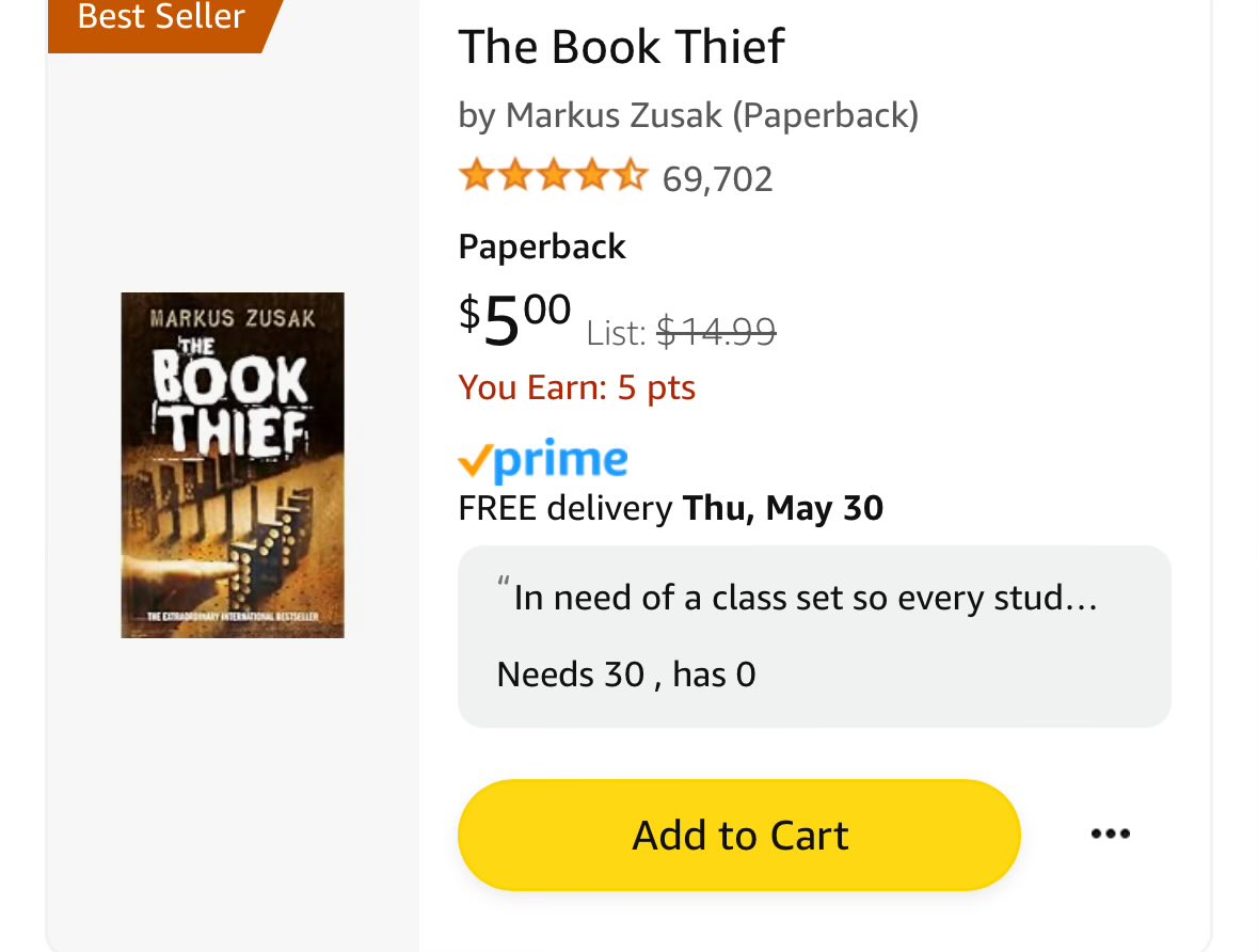 @CoachTatur84 Our campus book room has many book sets that are incomplete or in bad shape. I’d like to complete this class set & get 3️⃣0️⃣ copies of The Book Thief. 🚨Only $5 for each copy🚨 Who can help w/a donation or RP? @YNB @SenateTim @BonHanson79 @keith___s amazon.com/hz/wishlist/ls…