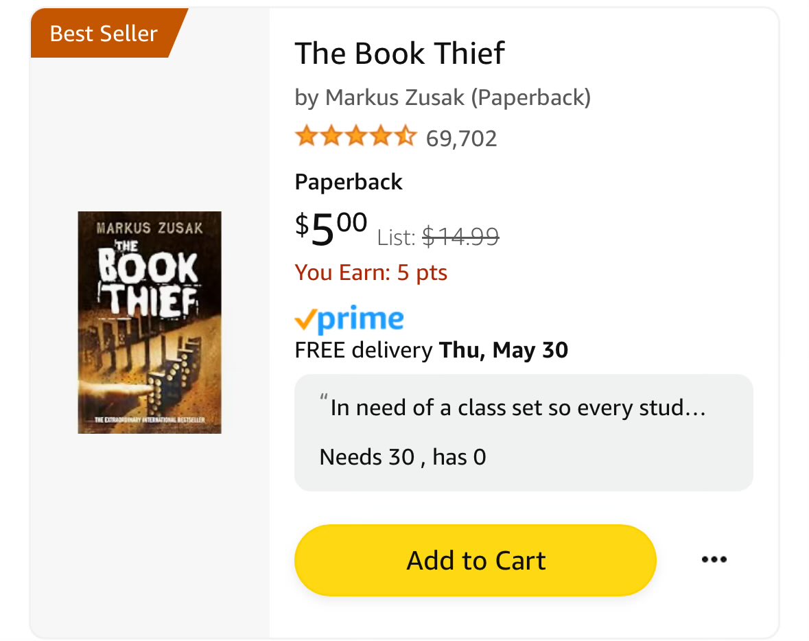Our campus book room has many book sets that are incomplete or in bad shape. I’d like to complete this class set & get 3️⃣0️⃣ copies of The Book Thief. 🚨Only $5 for each copy🚨 Who can help w/a donation or RP? @YNB @SenateTim @BonHanson79 @keith___s amazon.com/hz/wishlist/ls…