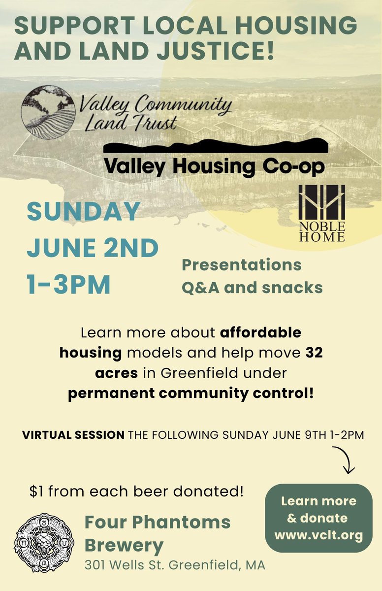 Our housing #coop is finally coming together in #westernmass! We need to raise money for a #clt to purchase the land... So come hang at Four Phantoms Brewery this Sunday in #greenfield MA 1-3 pm!

vclt.org/?page_id=1603