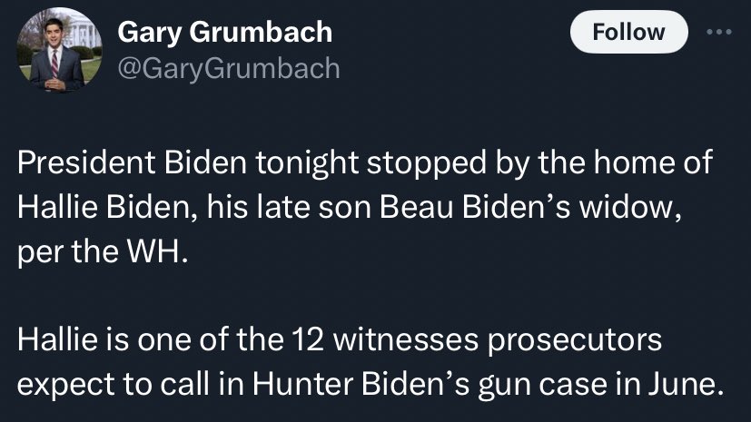 For those keeping track: May 15: “Biden fears Hunter will serve prison time over gun case” May 23: Joe Biden and Hunter attend dinner with Merrick Garland—whose DOJ is prosecuting Hunter Tonight: Joe Biden met with 1 of the 12 witnesses testifying against Hunter