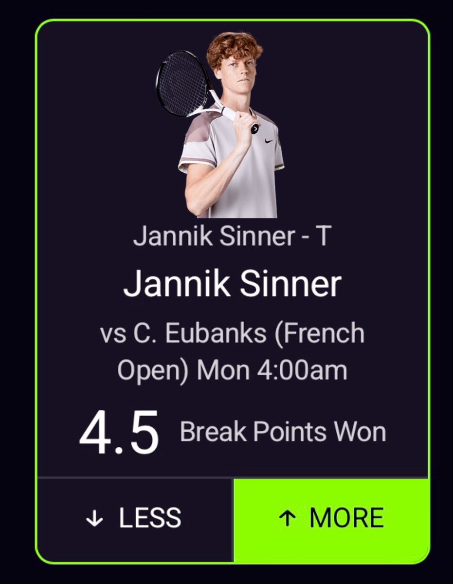 🌟POTD🌟 Jannik Sinner Over 4.5 Break Points Won 🇫🇷🏓 🍐: dubclub.win/r/BigJaePicks/ #PrizePicks #tennis #GamblingsTwitter #tennistwitter #prizepickslocks #prizepickstennis #gamblingx #frenchopen