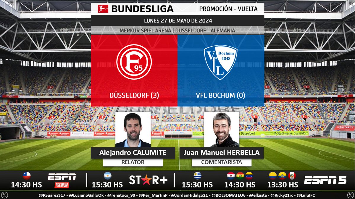 ⚽ #Bundesliga 🇩🇪 | #FortunaDusseldorf vs. #Bochum 🎙 Relator: @alecalumite 🎙 Comentarista: @JuanHerbella 📺 #ESPNPremium Chile 🇨🇱 📺 #ESPN5 Sudamérica (❌🇨🇱) 💻📱@StarPlusLA Sudamérica 🤳 #BUNDESLIGAxESPN - #ESPNenStarPlus - #F95BOC Dale RT 🔃