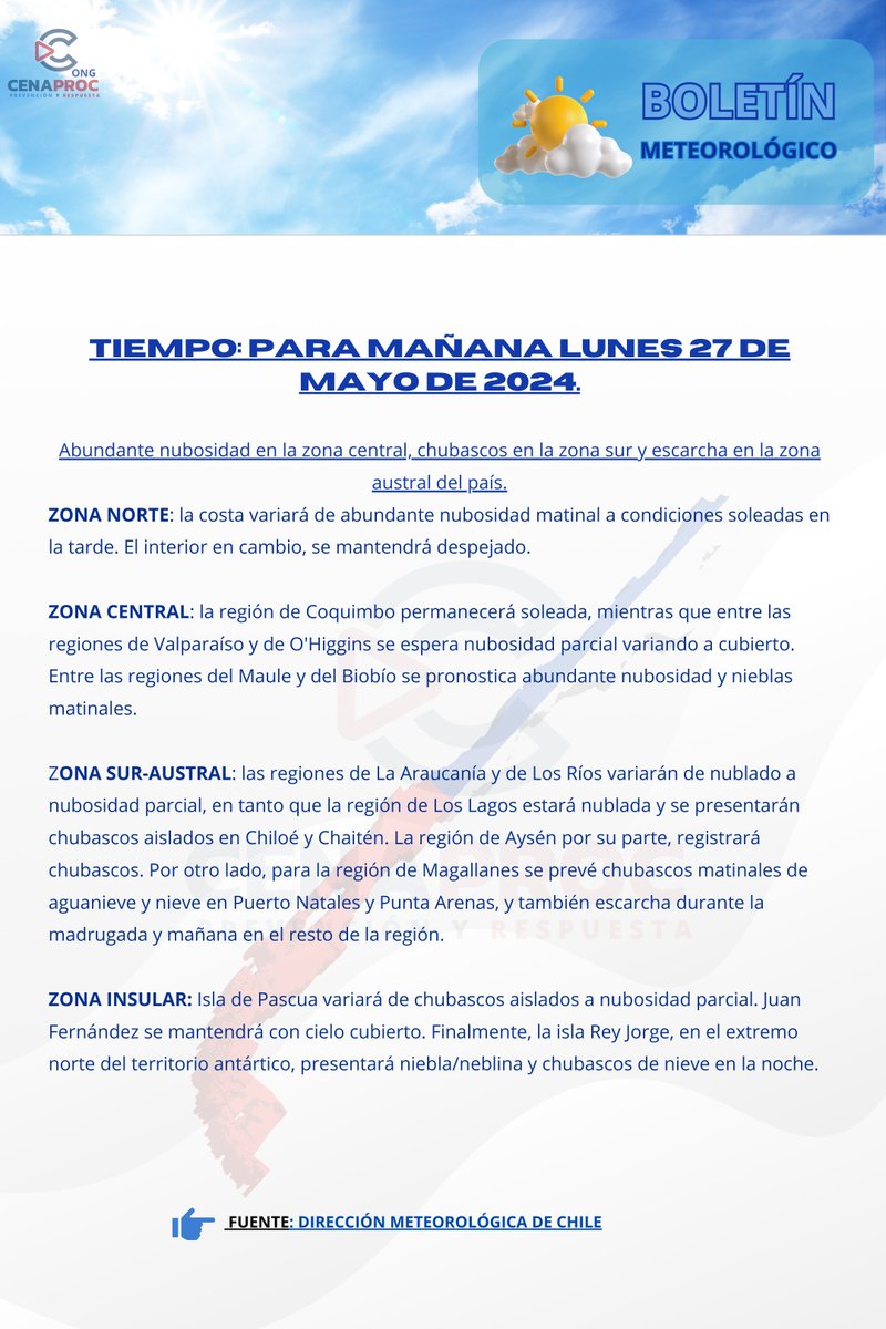 #TodosAPrevenir 
BOLETIN METEOROLOGICO, PRONOSTICO COMPLEJO PASO LOS LIBERTADORES Y AVISO DE MAREJADAS 
<a href="/pasioncamionero/">Pasion de Camionero 🚛🇨🇱</a> <a href="/CamionerosCL/">Camioneros Cenaproc ONG</a> <a href="/autopista57/">Ruta Libertadores</a> 
<a href="/ruta5chile/">Ruta 5 (Norte y Sur) 🇨🇱</a> <a href="/info_emergencia/">Info Emergencia</a> <a href="/chile_accidente/">Accidente Chile</a>