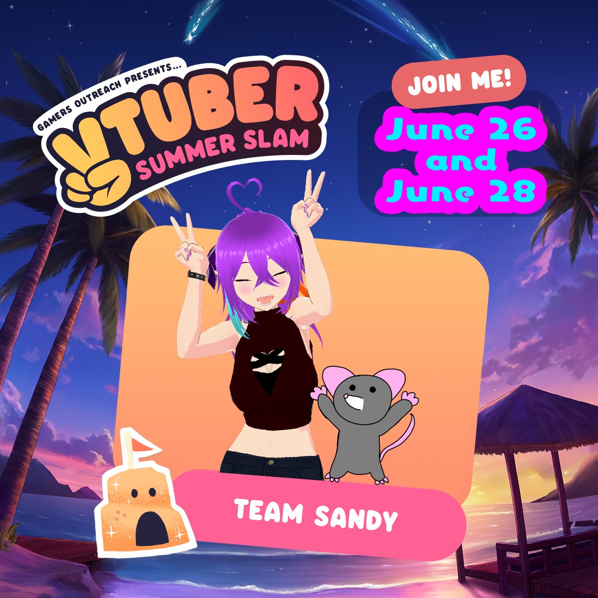 Before I forget: Little Guy and I are joining Team Sandy for @GamersOutreach 's Vtuber Summer Slam! Join us June 26th and June 28th to crush more fundraising goals! #vtuberss2024